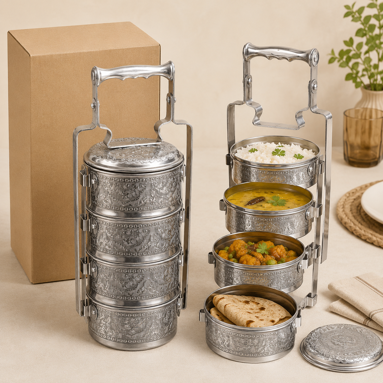 চারতলা এমবসড টিফিন ক্যারিয়ার | Four-Tier Embossed Tiffin Carrier