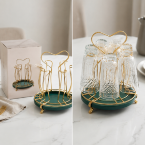 Heart Design Golden Cup Holder with Green Tray
