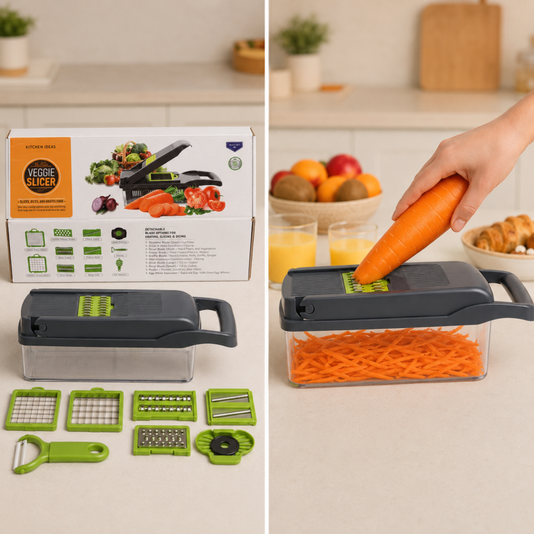 Multi-Blade Vegetable Slicer and Grater Set with original carton and carrot shredding demonstration