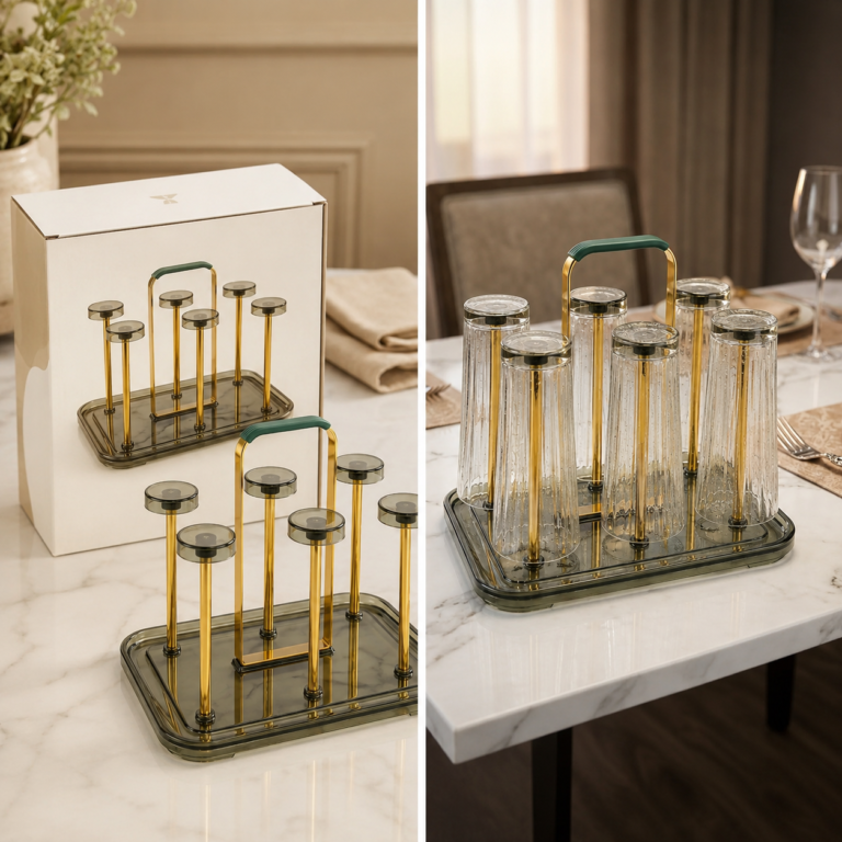 Premium golden six-cup glass holder with tray, green handle and drying demonstration