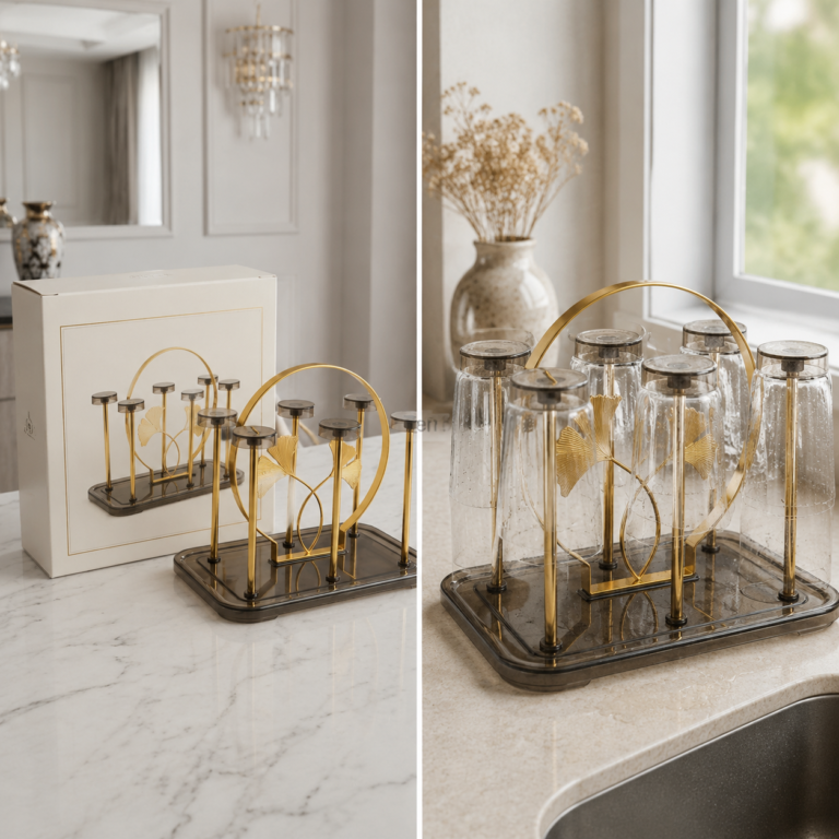 Ginkgo leaf golden six-cup glass holder with tray and drying demonstration