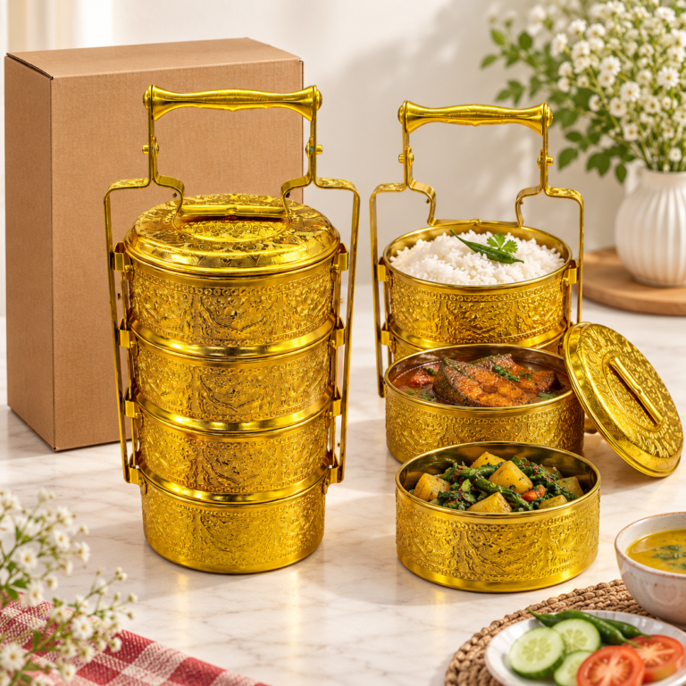 সোনালি নকশার চার স্তরের টিফিন ক্যারিয়ার | Gold Four-Tier Tiffin Carrier